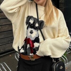Cider Cream Crewneck Sweater with Black & Gray Dog Motif and Burgundy Bow